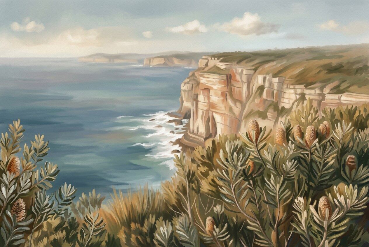 Painting of North Head's sandstone cliffs above the Pacific, with flowering banksia in the foreground: the headland the Gayamaygal knew long before the name Manly.