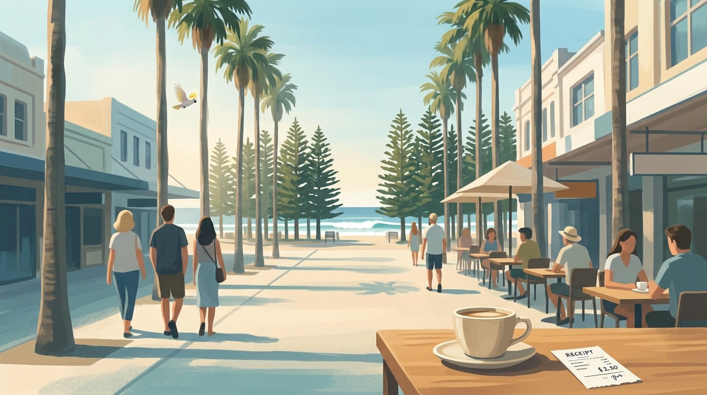 Painterly view down the Corso in Manly: a flat white and a small receipt on a café table in the foreground, palms lining the pedestrian strip, Norfolk pines along the beachfront, awnings and café tables on the right, the ocean and a line of surf at the far end, and a cockatoo gliding between the palms.
