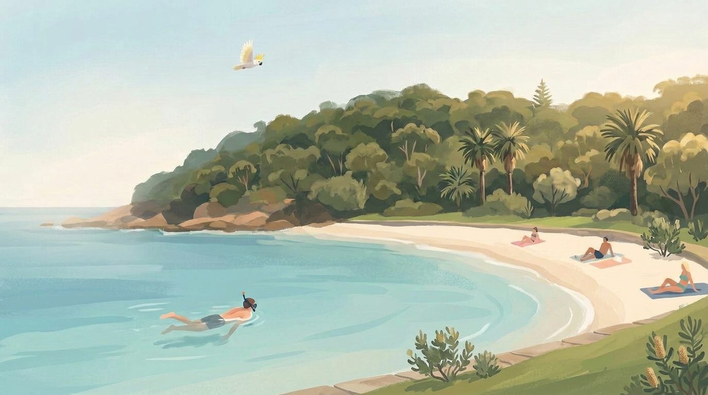 A snorkeller floating in the calm, clear turquoise water of Shelly Beach, with the sandy crescent, a wooden boardwalk and the green headland behind, and a small cockatoo flying overhead.