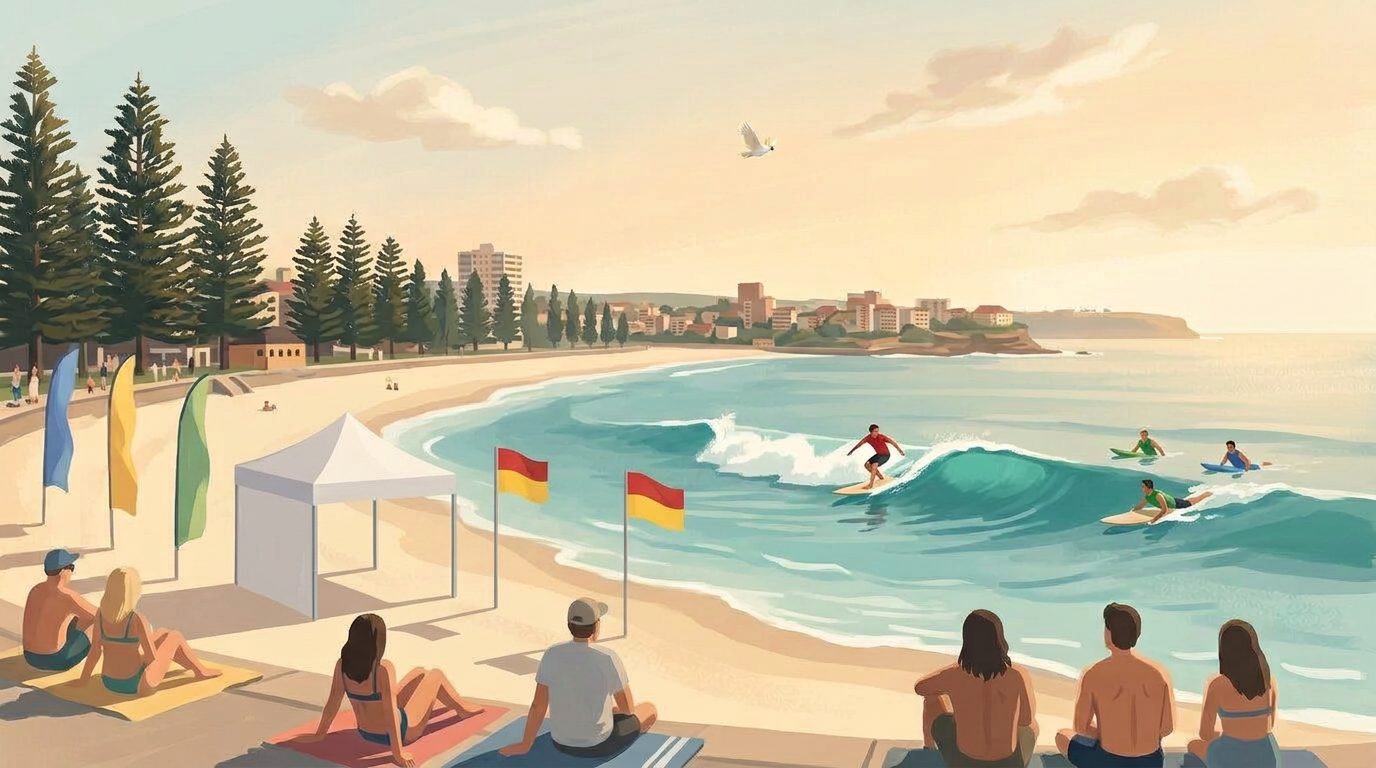Painterly scene of a surf contest at Manly Beach: a surfer riding a wave, spectators on towels, a contest marquee and red-and-yellow flags on the sand, Norfolk Island pines along the beachfront and a small cockatoo flying overhead.