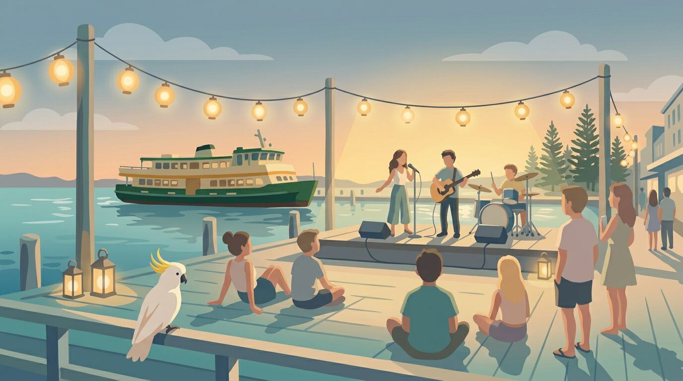 A band playing on a low waterfront stage at Manly Wharf at dusk, warm string lights overhead, a moored ferry on the calm harbour behind, and a sulphur-crested cockatoo perched on the railing watching the show.