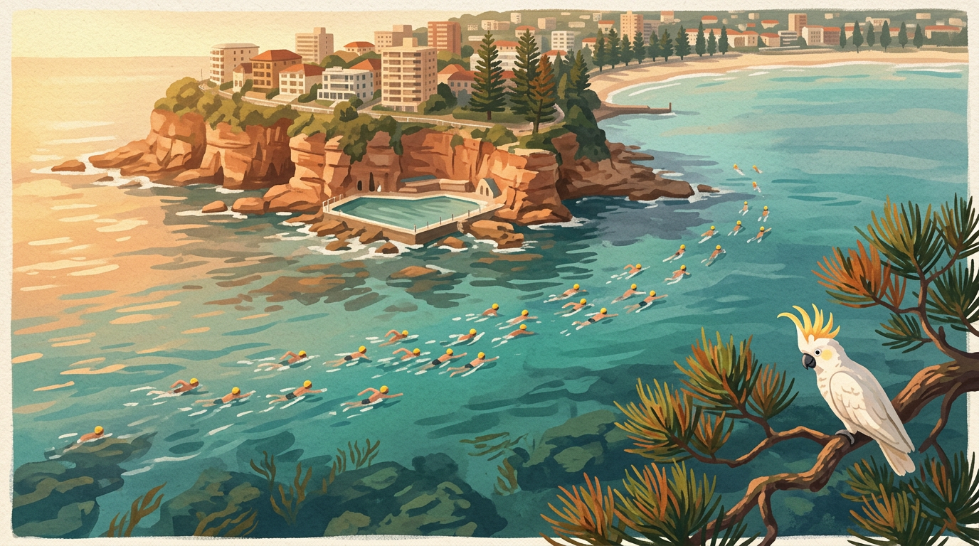 Painterly view of swimmers in yellow caps crossing Cabbage Tree Bay from South Steyne to Shelly Beach, with Fairy Bower pool set into the sandstone cliffs.